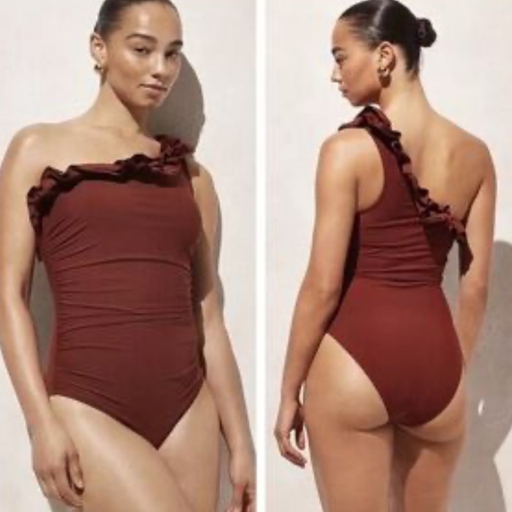 J crew  Matte Ruffle One-shoulder One-piece Swimsuit.Brown Size 10